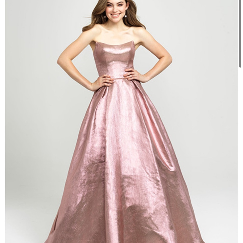 Madison James Gold Strapless Prom Gown